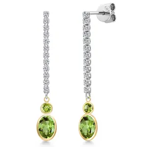 Gem Stone King 14K Two Tone Gold Green Peridot and Lab Grown Diamond Dangle Earrings for Women | 2.52 Cttw | Gemstone August Birthstone | Oval 7X5MM