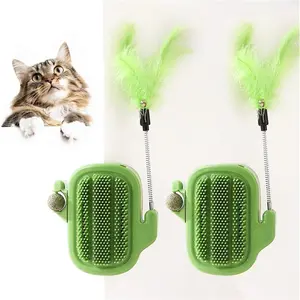 2 pcs 3 in 1 Cats Indoor Wall Corner Hair Brush with Catnip Ball and Teasing Stick Toy