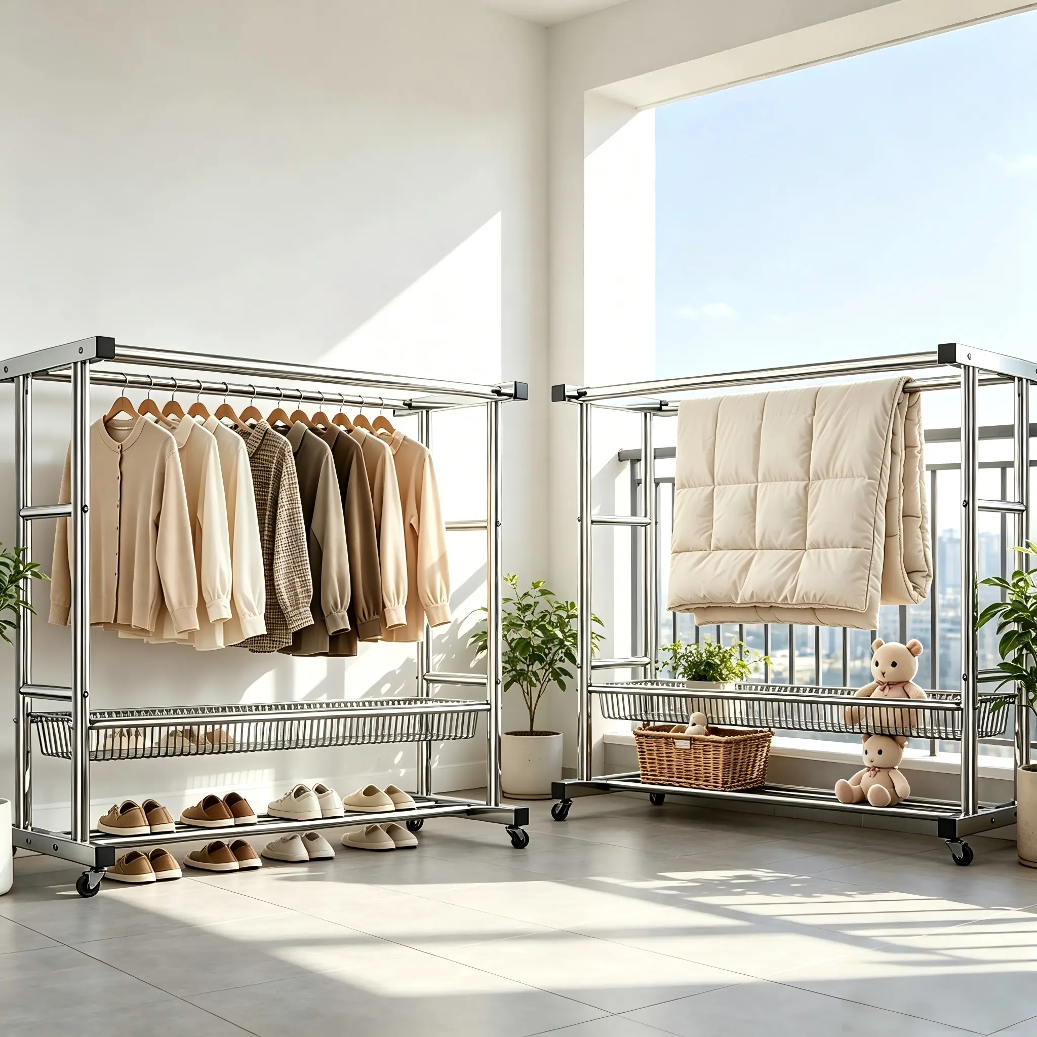 Heavy Duty Clothes Rack with Double Rods Large Storage, Rolling Clothing Rack with Shelves and Basket,  Load Capacity,  Garment Rack with Wheels, Metal Clothes Rack  Clothing Rack with Wheels, Free Standing Garment Rack ,for Indoor Balcony Outdoor