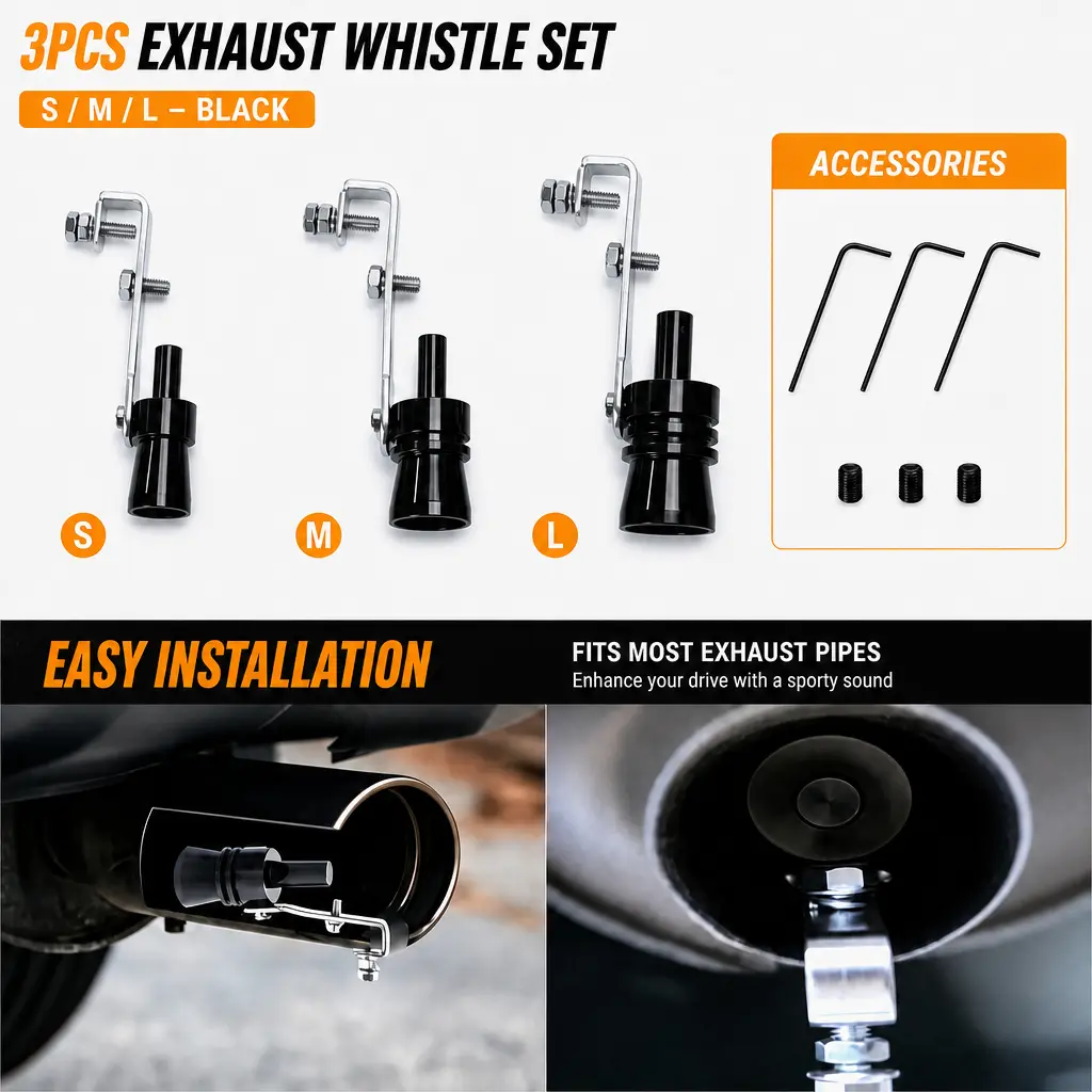 3 PCS Aluminum Alloy Exhaust Whistle Set (S/M/L), Clamp-On Universal DIY Turbo Effect Simulator, Sporty Tone Muffler Booster for Cars Trucks, Fits Round Straight-Tip Pipes, Red Black Options