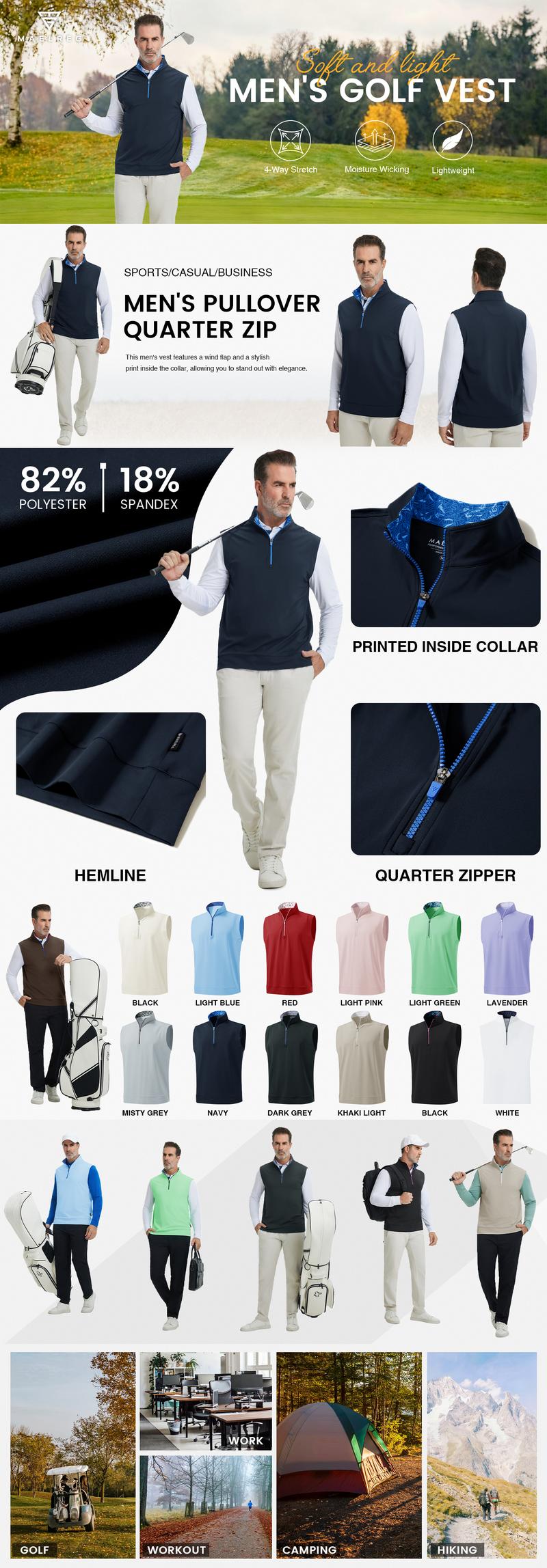 MAELREG Men's Golf Vest Dry Fit  Moisture Wicking Performance Sports Sleeveless Mens Lightweight Vest Pullover Quarter Zip