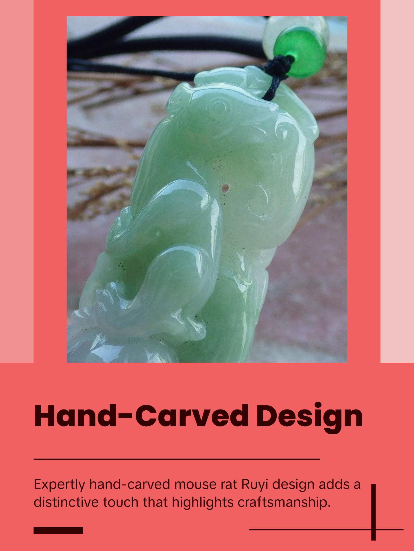 Certified Hand Carved Green Natural Myanmar Burma A Jade jadeite Mouse Rat Ruyi Pendant Necklace