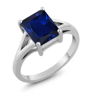 925 Sterling Silver Blue Created Sapphire Solitaire Engagement Ring For Women (2.70 Cttw, Emerald Cut 9X7MM, Gemstone September Birthstone)