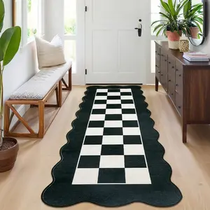 Garvee Washable Scalloped Runner Rug 2x6 - Modern Checkerboard Design, Non-Slip, Soft, Non-Shedding Carpet for Indoor Use, Foldable Low Pile Thin Mat for Kitchen and Hallway, Black and White