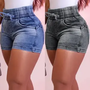 2025 Spring and Summer New Hot Slim Fit Denim Shorts Women's High Waist Elastic Waist Tie Fashion Hot Pants