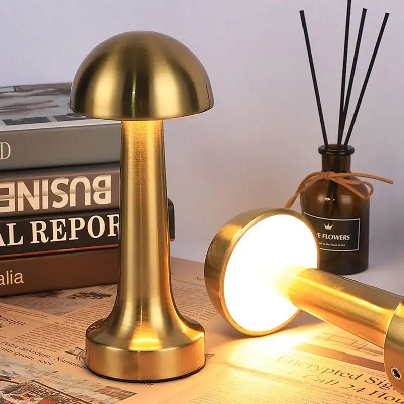 Rechargeable Mushroom Table Lamp, Metal Touch Control, Stepless Dimming Adjustable Light Brightness, 3-Color Source, USB Charger, Energy-Efficient Night Light for Bedroom, Coffee Table,home decor
