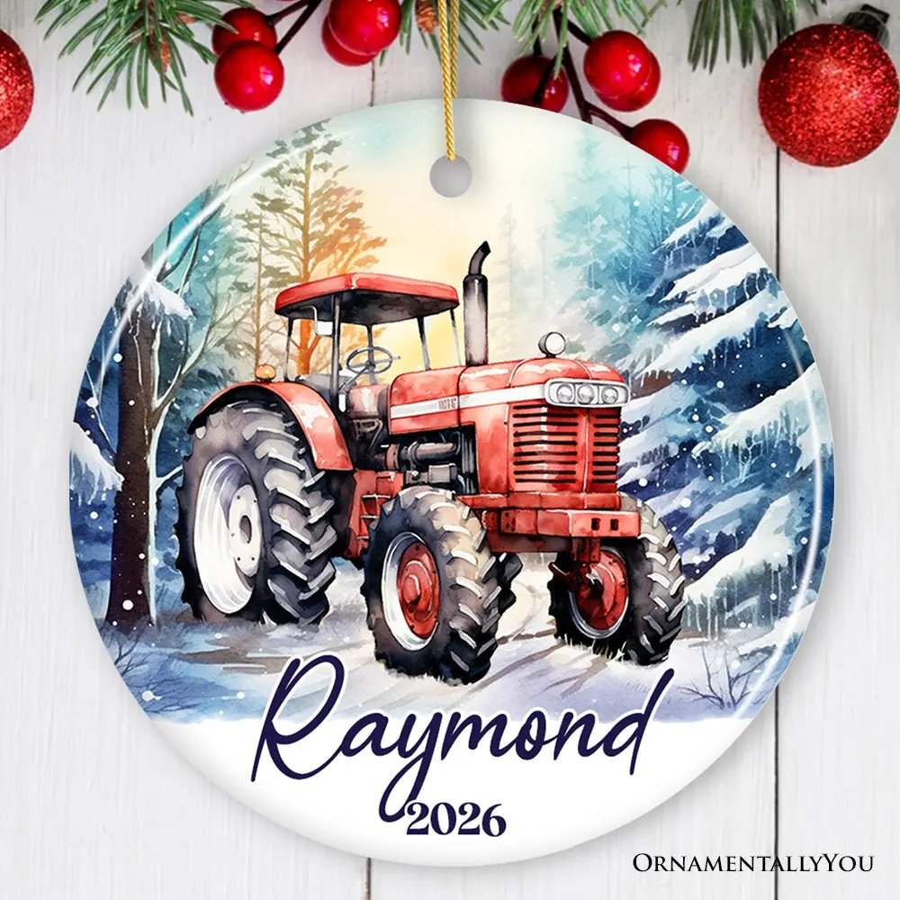 Vintage Tractor Personalized Ornament, Pristine Snowy Serenity Christmas Gift With Custom Name and Date