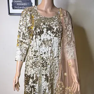 Gold Sequin Kurta with Garara and Embroidered Unique Dupatta size L
