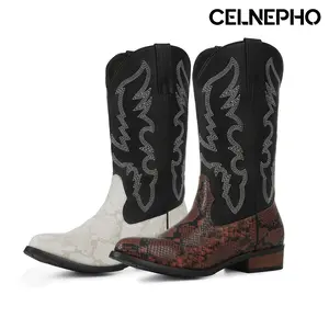 CELNEPHO Mens Cowboy Boots Pointed Toe Classic Embroidery Chunky Block Heel Mid Calf Boots Easy Pull on Tabs Western Vintage Country Work Outdoor Festival Riding Durable Boot