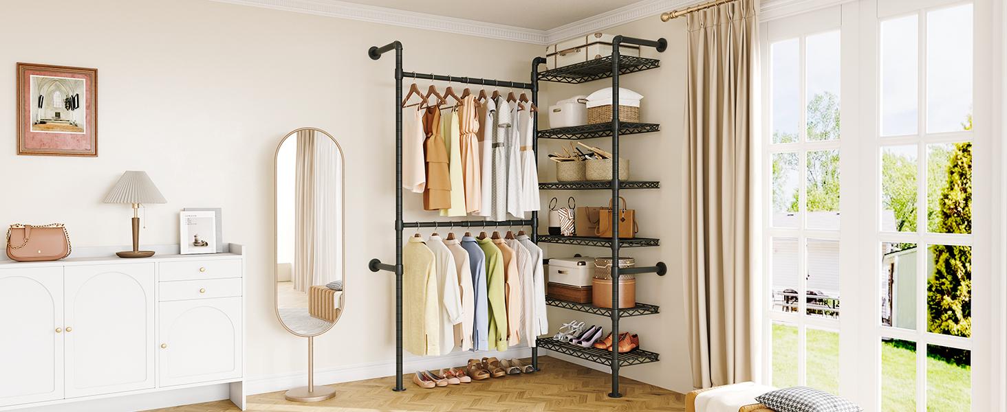 【SPOTLIGHT DAY】ONBRILL H3 Wall Mounted Closet System Expandable Industrial Pipe Clothes Rack with 4 Telescopic Rods & 6 Mesh Panels for Flexible Storage in Wardrobe