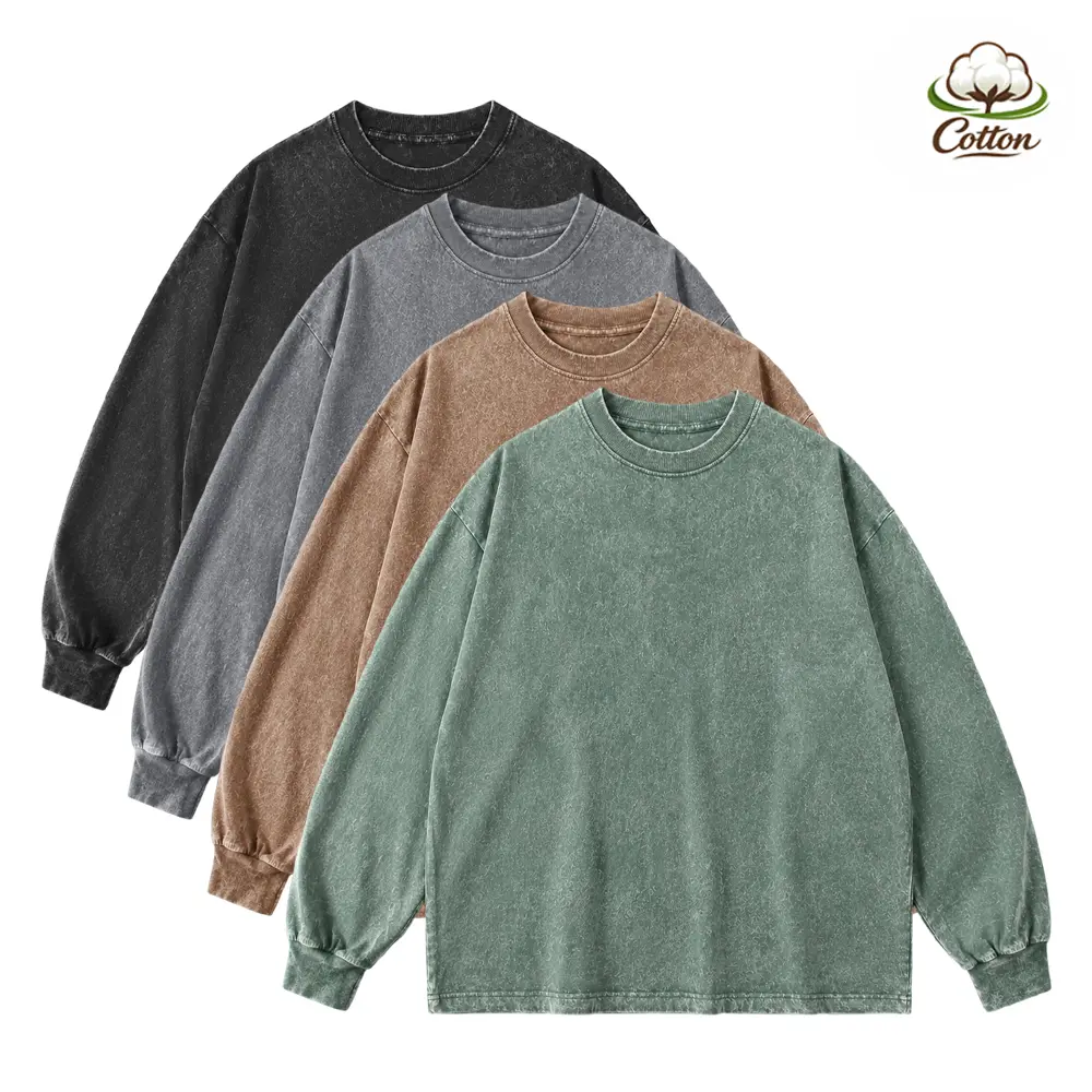 Men's 4-Pack Casual Tops, Long-Sleeve Round Neck Pullovers in Acid-Wash Distressed Cotton for Athletic Wear, Crew Neck, Male Clothing