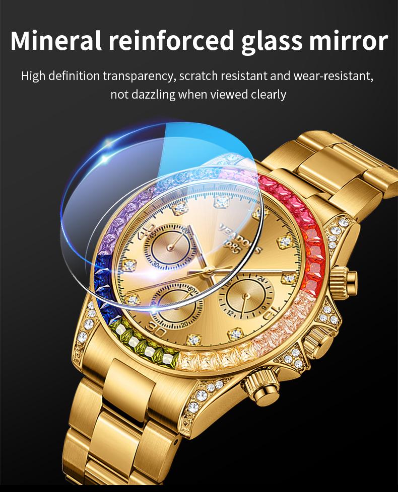 VEADONS Men's Business Fashion Rhinestone Decorated AnalogQuartz Watch Rainbow Crystal Chronograph Quartz Movement Luminous Date WaterResistant for Party Daily Wear Birthday Gift with Box VEADONS Men's Business Fashion Rhinestone Decorated AnalogQuartz Watch Rainbow Crystal Chronograph Quartz Movement Luminous Date WaterResistant for Party Daily Wear Birthday Gift with Box
