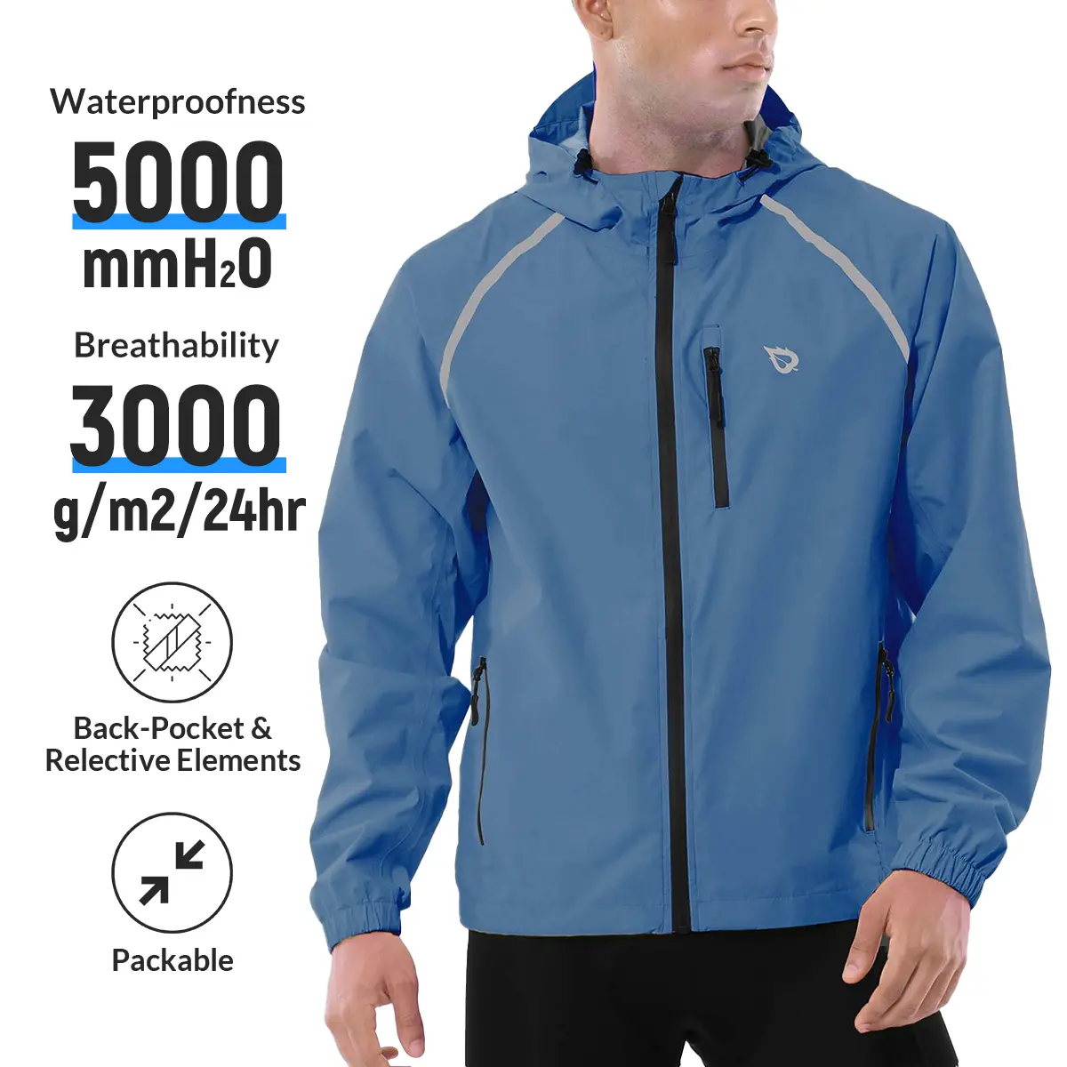 Baleaf Men's Packable Long Sleeve Synthetic Rain Jacket - Reflective, Waterproof, Wind Resistant Outerwear, Lightweight Hooded, Machine Washable Outdoor Everyday Wear for Cycling, Hiking