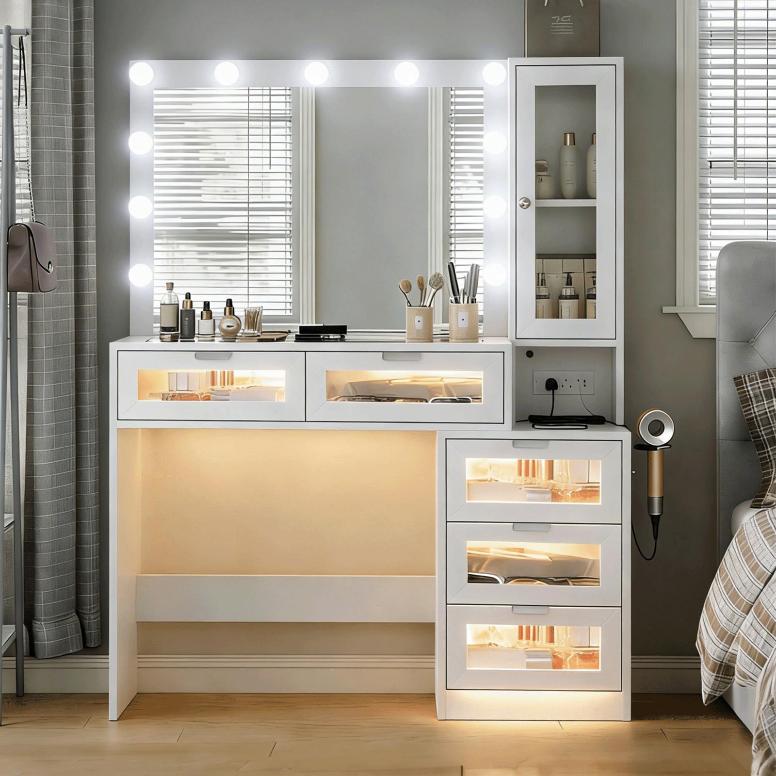 CollaredEagle Lighted Vanity Table - Modern LED Dresser, 11 LED Lights with 3 Adjustable Modes, 5 Transparent Glass Drawers, Glass Countertops, Power Outlets Equipped Makeup Vanity