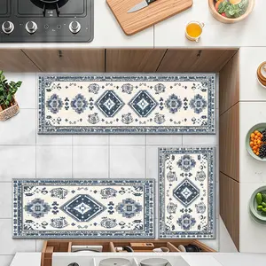 Retro Blue White Ethnic Kitchen Carpet 3-Piece Set, Luxury Cashmere-Like Washable Bottom, Non-Slip Waterproof Floor Mats, Artistic Kitchen Decor