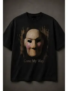 M-TP "Come My Way" Graphic Tee - Oversized Heavyweight Cotton T-Shirt with Wooden Mask Art Back Print