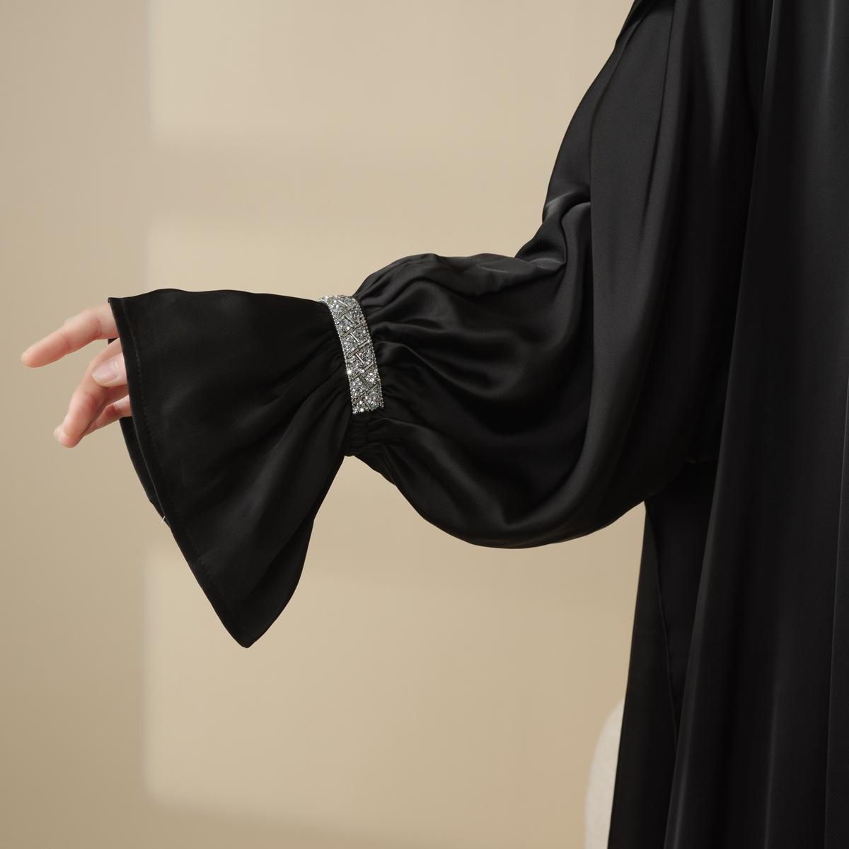 Poet Sleeve Satin Abaya Set | 4-Piece Satin Design | Shimmering Gem Details | Includes Open Abaya, Fitted Inner Dress, Hijab, Belt | Side Pockets & Round Neckline | Full-Length Elegance | Perfect for Weddings & Formal Events | elegant maxi winter jilbabs