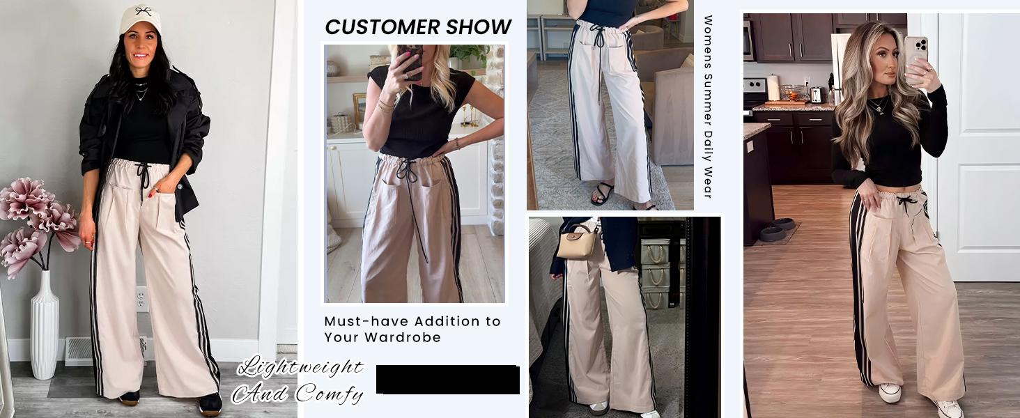 Kingapril Women's Wide Leg Pants Drawstring High Rise Side Striped Slouchy Palazzo Pants with Pockets Wideleg Womenswear
