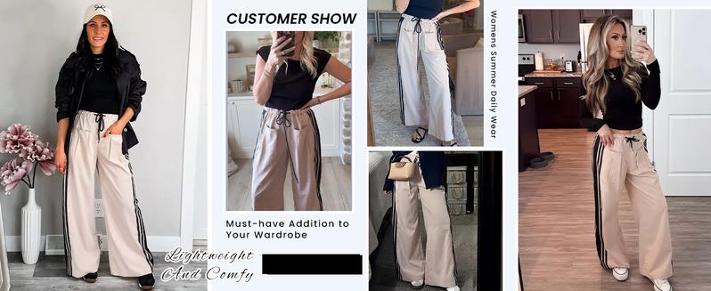 Kingapril Women's Wide Leg Pants Drawstring High Rise Side Striped Slouchy Palazzo Pants with Pockets Wideleg Womenswear