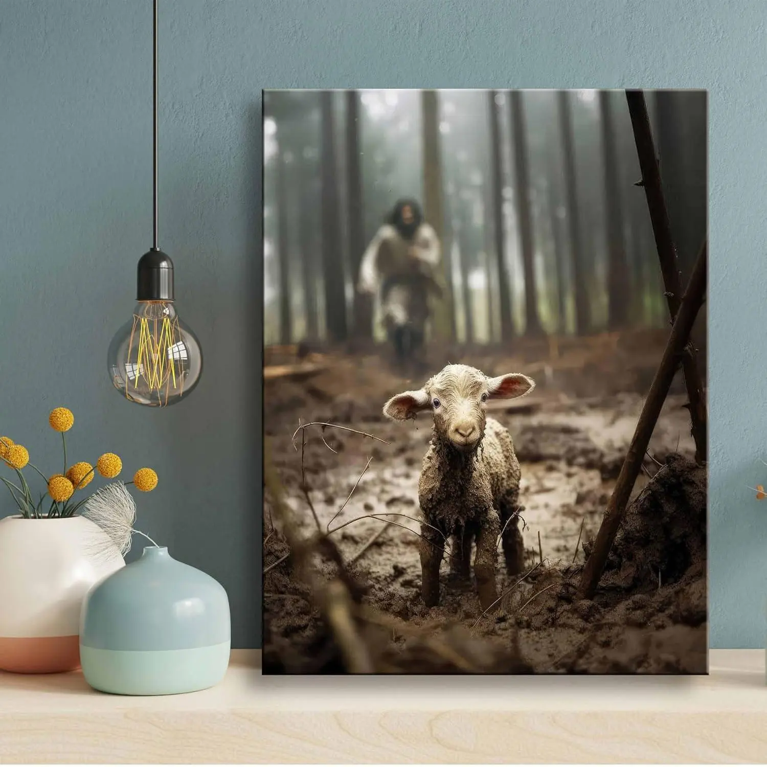 [2D Flat] A canvas painting of Jesus and Lamb - Jesus Running After Lost Lamb Picture Wall Art Canvas Print Christian Lamb of God Home Decor Jesus Saves the Lamb a lost lamb Inspirational Christian Wall Art for Office Art Wall Decoration Western Wall Art