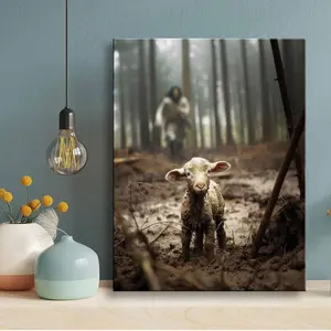 [2D Flat] A canvas painting of Jesus and Lamb - Jesus Running After Lost Lamb Picture Wall Art Canvas Print Christian Lamb of God Home Decor Jesus Saves the Lamb a lost lamb Inspirational Christian Wall Art for Office