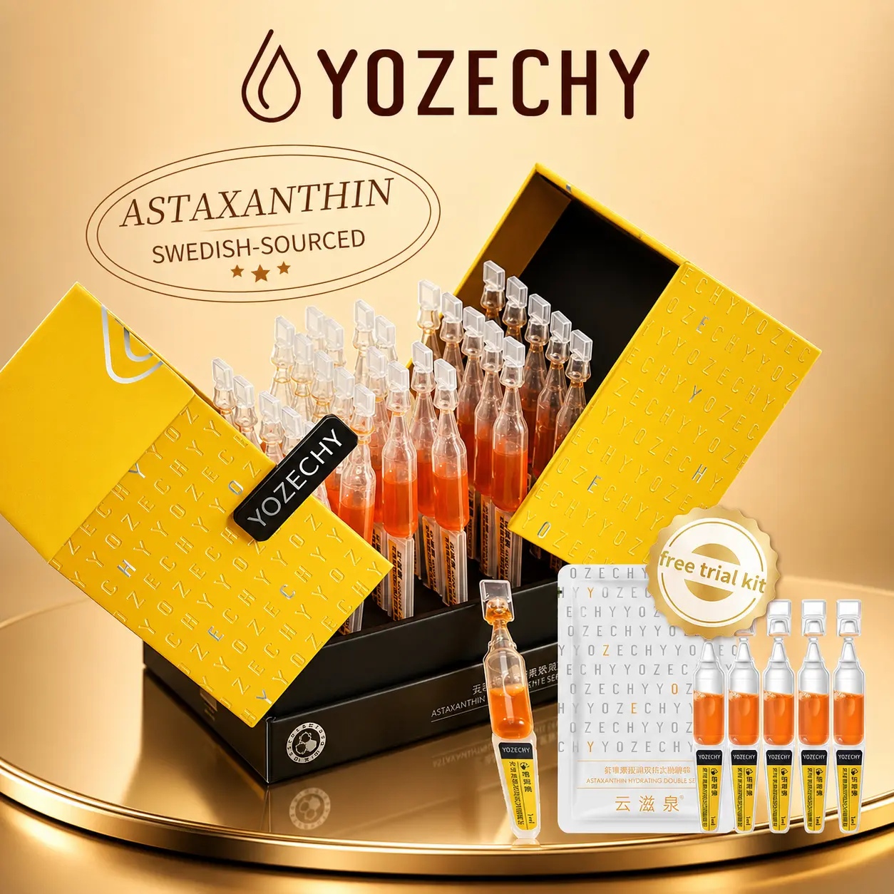 Astaxanthin 3D HA Hydra Serum Vials by YOZECHY, Day-Night Dual Defense, Post-Microneedling Care, Pollution Shield, Firms, Hydrates, Firming Deep Hydration