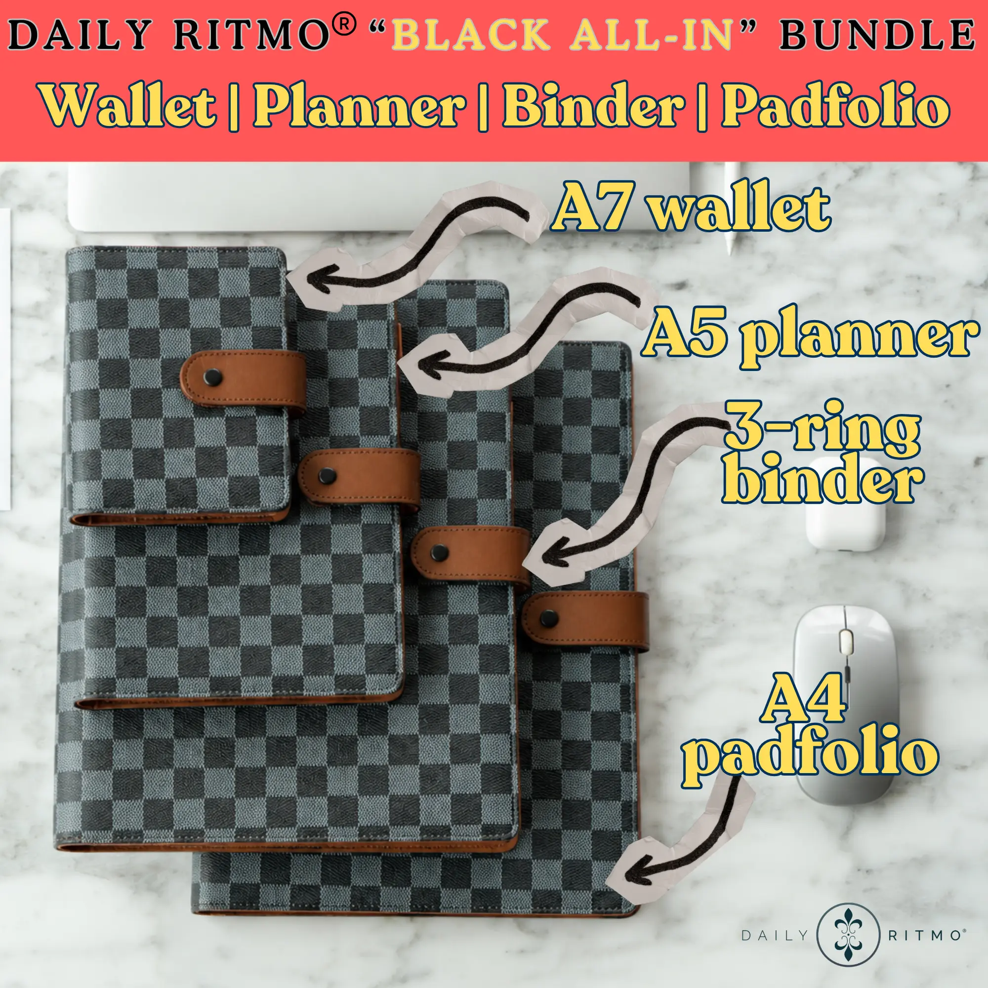 DAILY RITMO "ALL-BLACK" Curated Notebook Set - A7 Mini Wallet, A5 Planner, 3-Ring Binder, A4 Padfolio, Coordinated System for Travel, Work, Budgeting & Office Organization, Everyday Organization
