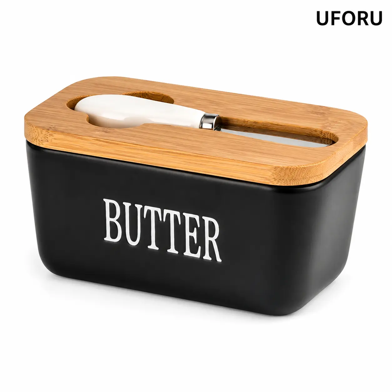 UFORU Ceramic Butter Dish with Lid and Knife, Luxury Butter Keeper Container for Countertop, Elegant Kitchen Decor, Fresh Butter Storage Box with Silicone Seal