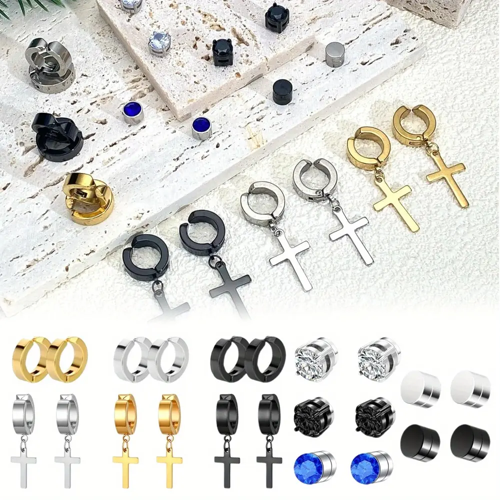 11 Pairs Magnetic Clip On Earrings for Men & Women, 316L Stainless Steel Hoop Dangle Cross Styles, Non-Piercing Hypoallergenic Earrings Set, Magnetic Earrings