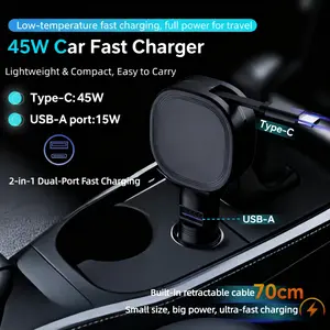 【2026 New car charging 】W&O 2 in 1 Retractable Cable Multi Car Charger Adapter, 45W USB Port Fast Charging with Type-C / Lightning Cable,  Compatible with Galaxy S25 S24 S23 S22 S21+/Phone 17/16/16 Pro Max/15/15 Pro Max/15 Plus-Black