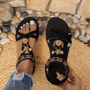 BohemianFlatSandalsForWomen,RoundToeBeadedFlowerBeachShoes