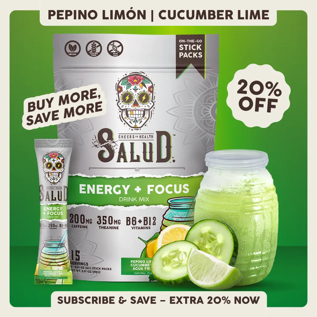 Salud 2-in-1 [Energy + Focus] Clean Energy Drink Mix, Agua Fresca,  Organic Caffeine, B6 & B12, L-Theanine, Drink Packets, Non-GMO, Gluten Free, Vegan, Low Calorie, 1g Sugar (15 Servings)