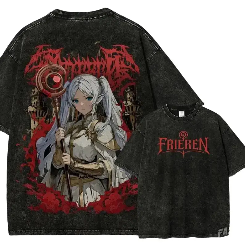 Vintage Wash Frieren Anime T-Shirt Oversized Death Metal Graphic Tee Dark Aesthetic Streetwear Merch