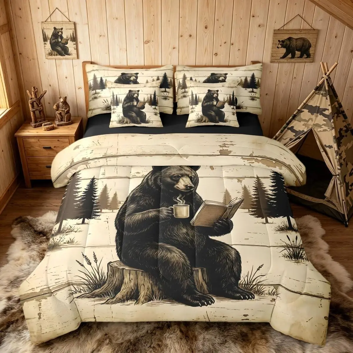 Bear Comforter Set 7 Pieces Rustic Cabin Country Bedding Set Lake Life Bed in a Bag with Comforter,Sheets,Pillowcases,Cushion Covers Wild Animal Bedroom Decor