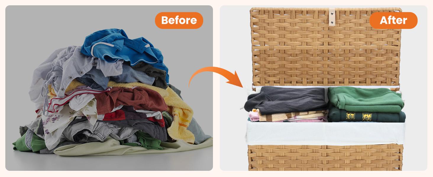 Woven Rattan Laundry Hamper with Adjustable Lid, Dirty Clothes Busket, Foldable, Steel Frame, Machine Washable for Home, Bathroom, Bedroom
