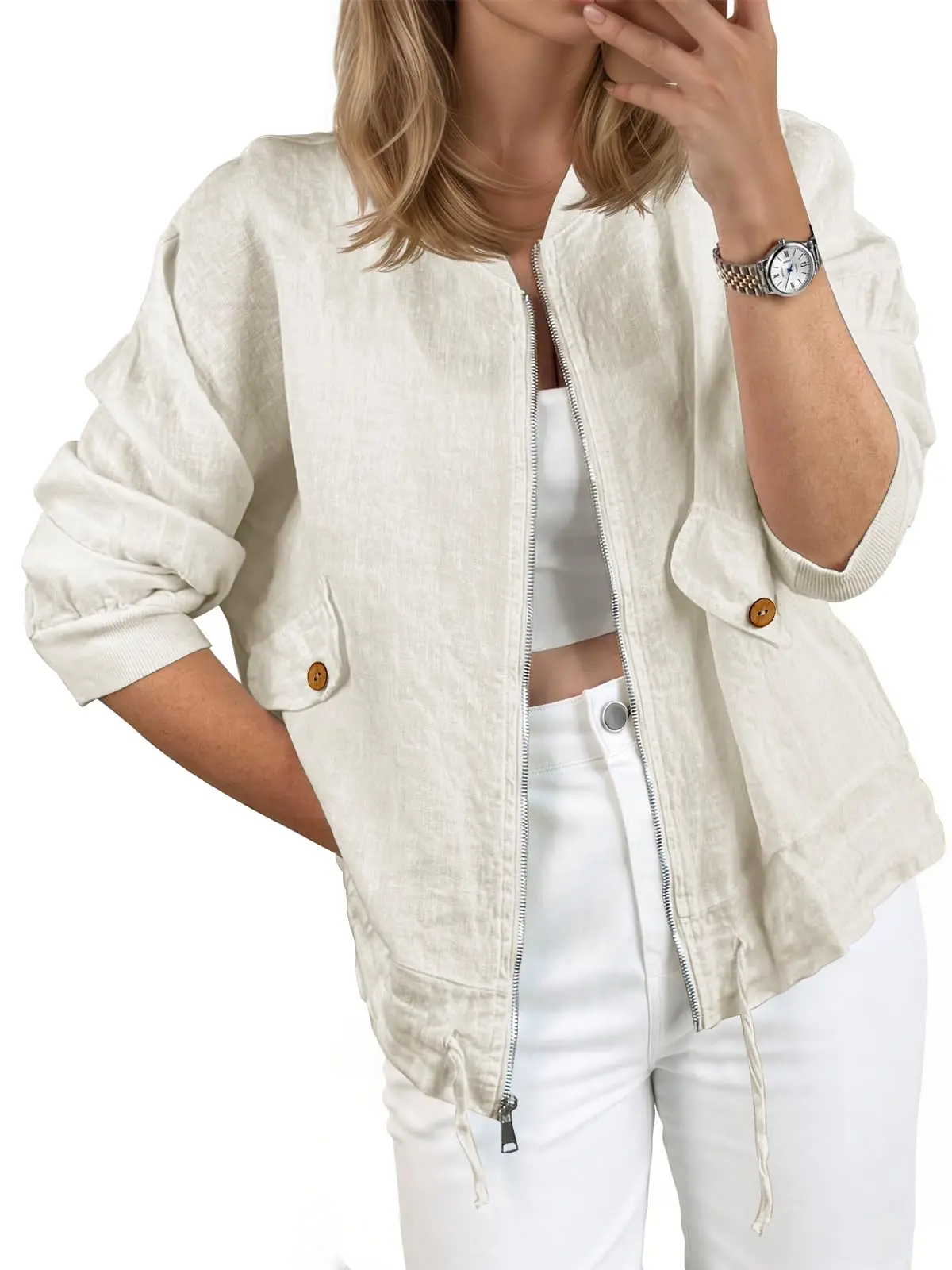 Tankaneo Womens Lightweight Bomber Jackets Casual Zip Up Drawstring Cotton Linen Jacket With Pockets Tankaneo Womens Lightweight Bomber Jackets Casual Zip Up Drawstring Cotton Linen Jacket With Pockets