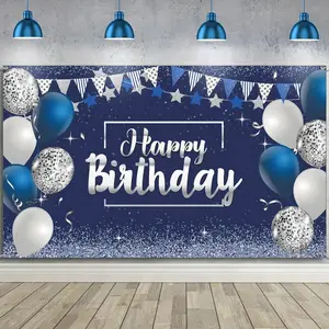 Happy Birthday Decorations Backdrop Banner, Glitter Birthday Backdrop Sign Poster Party Supplies Photo Background for Men Women, 72.8 x 43.3 Inch(Silver and Navy Blue)