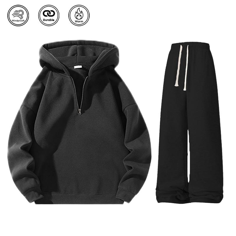 Men’s solid-color two-piece athletic tracksuit set featuring a regular fit: a casual off-shoulder half-zip hooded sweatshirt and drawstring jogger pants with pockets. Fleece lining for warmth, suitable for autumn and winter, ideal for everyday wear and wo Men’s solid-color two-piece athletic tracksuit set featuring a regular fit: a casual off-shoulder half-zip hooded sweatshirt and drawstring jogger pants with pockets. Fleece lining for warmth, suitable for autumn and winter, ideal for everyday wear and wo
