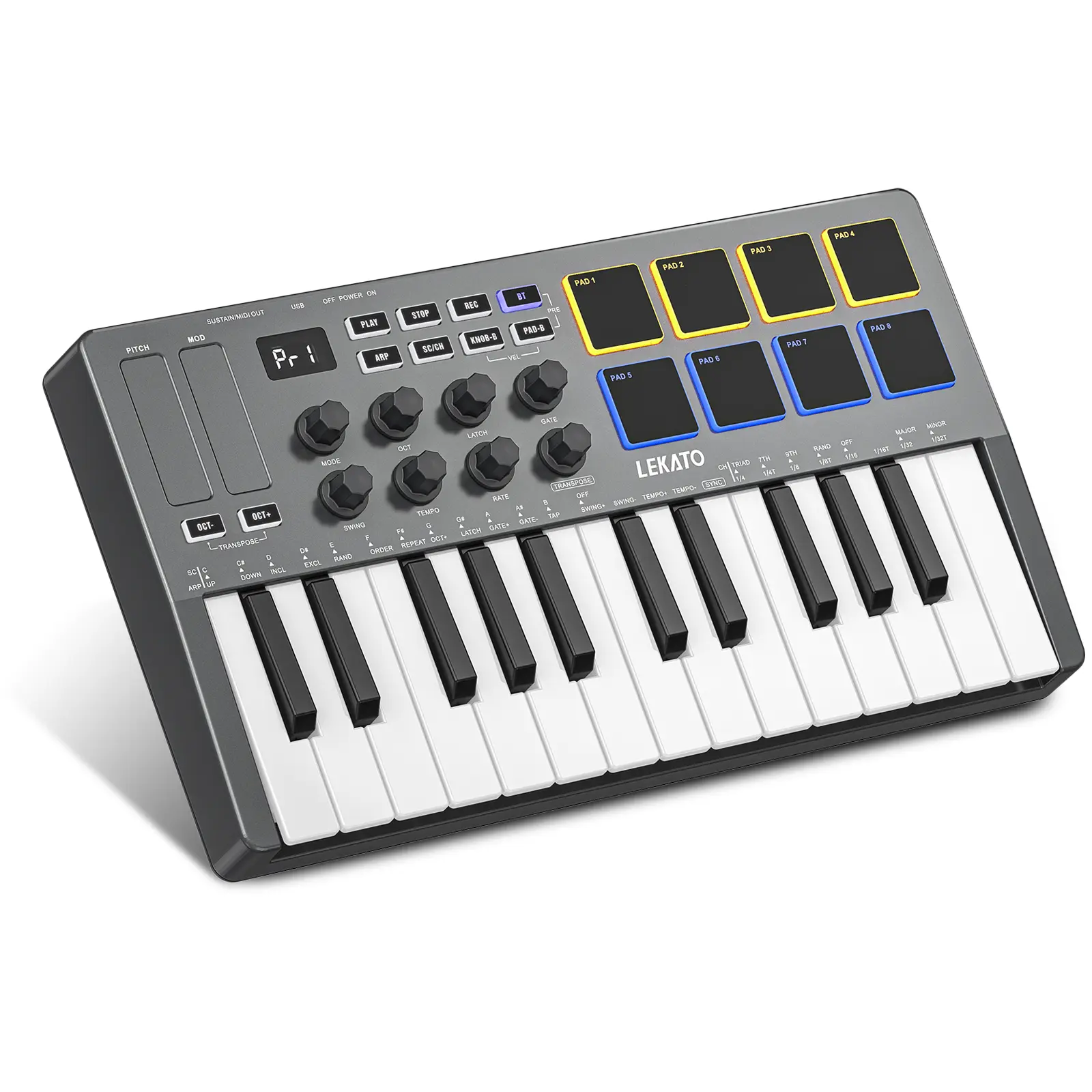 LEKATO SMK-25 Bluetooth 25 Key USB MIDI Keyboard Controller With 8 Backlit Drum Pads, Semi Weighted Dynamic Keybed 8 Knobs and Music Production, Smart Scales, Chords, Software Included, for Beginners, Music Lovers Girls Boys Friends Gift