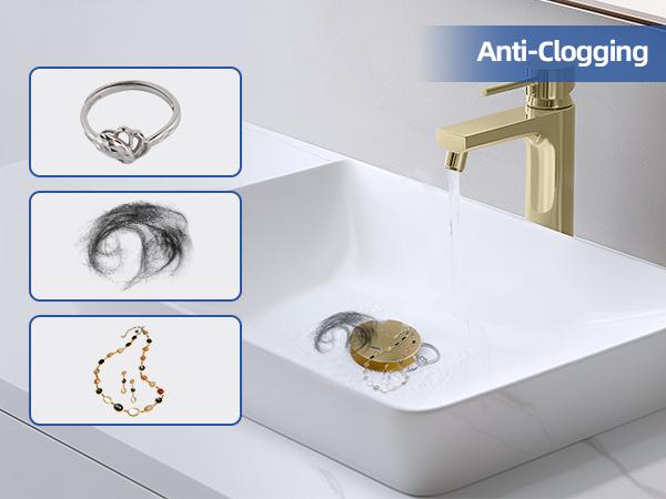 Hibbent Universal Bathroom Sink Stopper 2 in 1 Pop Up Metal Sink Drain Strainer with Hair Catcher, Fit for 1.1~2.36" Sink Basin Hole, Not for Bathtub, Big Cover Cap, Anti-clog, Brushed Gold