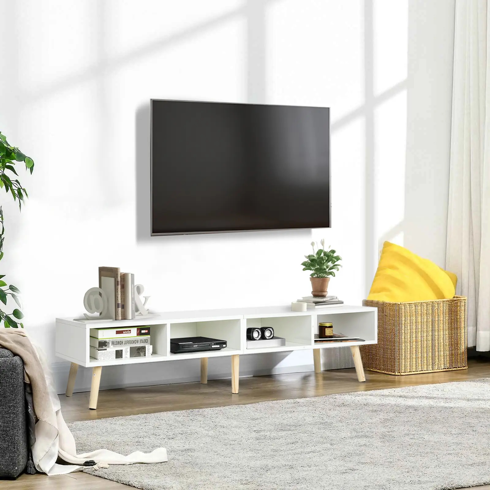 VOWNER Modern TV Stand for Living Room, 32-65 Inch TV Cabinet with 4 Open Compartments, Media Holes & 6 Solid Wood Legs, 150×31×35 cm Indoor Furniture Entertainment Center Media Console, Tv Stand Living Room,dorm essentials,home decor