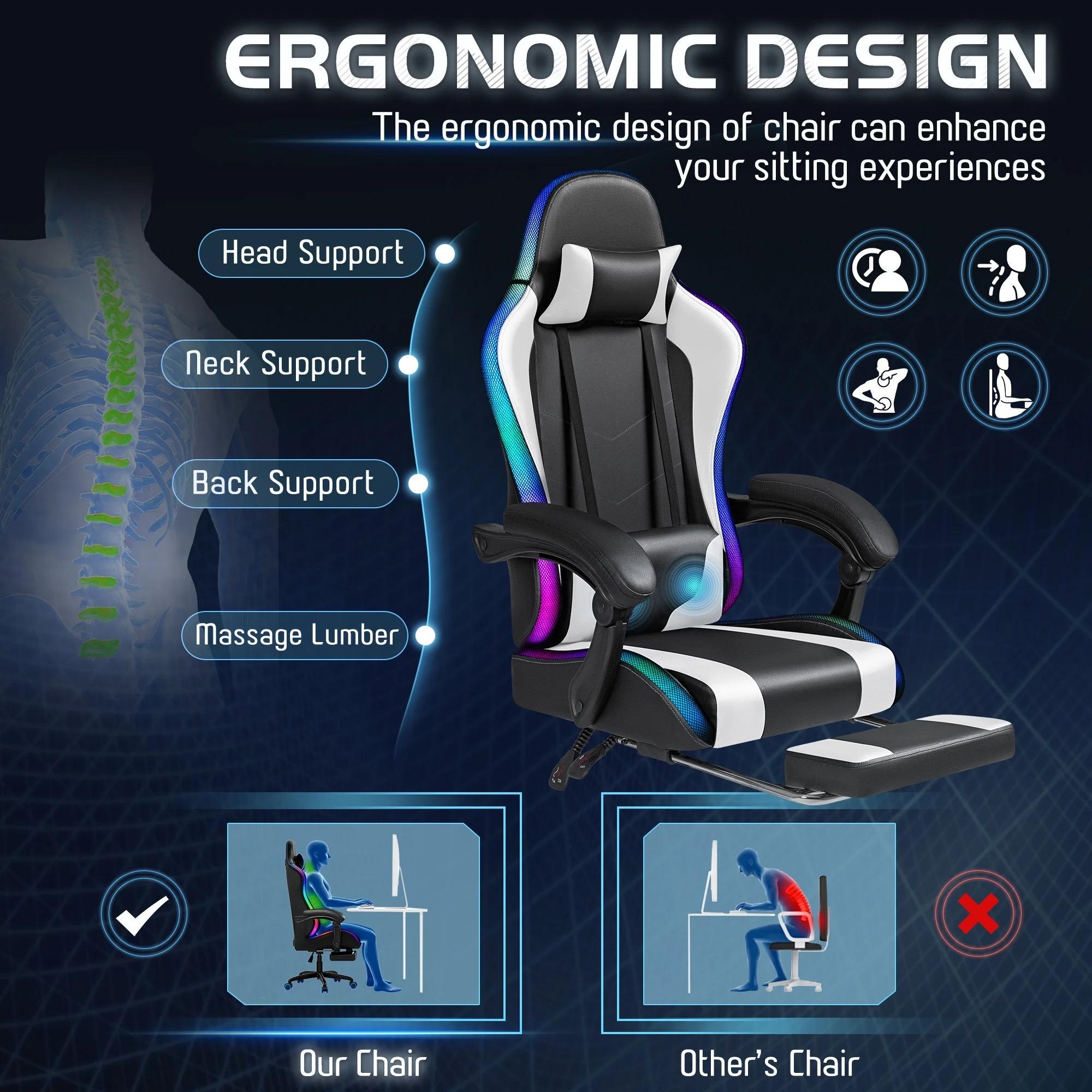[Completely Upgraded] Homall Gaming Chair with RGB LED Lights&No LED Lights,Ergonomic Design, Footrest & Massage Lumbar Support, Height Adjustable, Seat with 360° Swivel and 135° Recline, High-Density Foam, PU Leather, 300 lbs Weight Capacity
