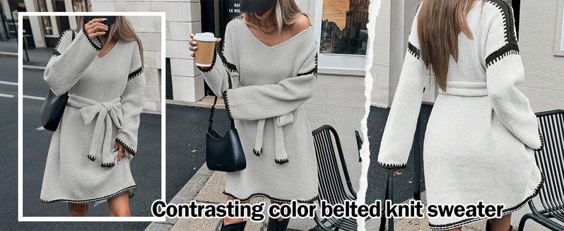 CHARTOU Causal Loose Straight Fit Sweater Dress for Women Fall 2025 Outfit Contrast Jumper Knit Sweater with Belt