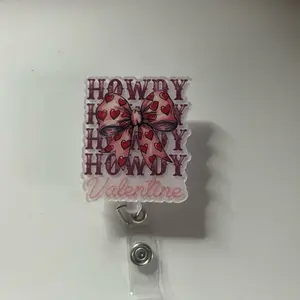 Howdy Valentine Badge Reel with Belt Clip - Pink Bow Design for Easy Access