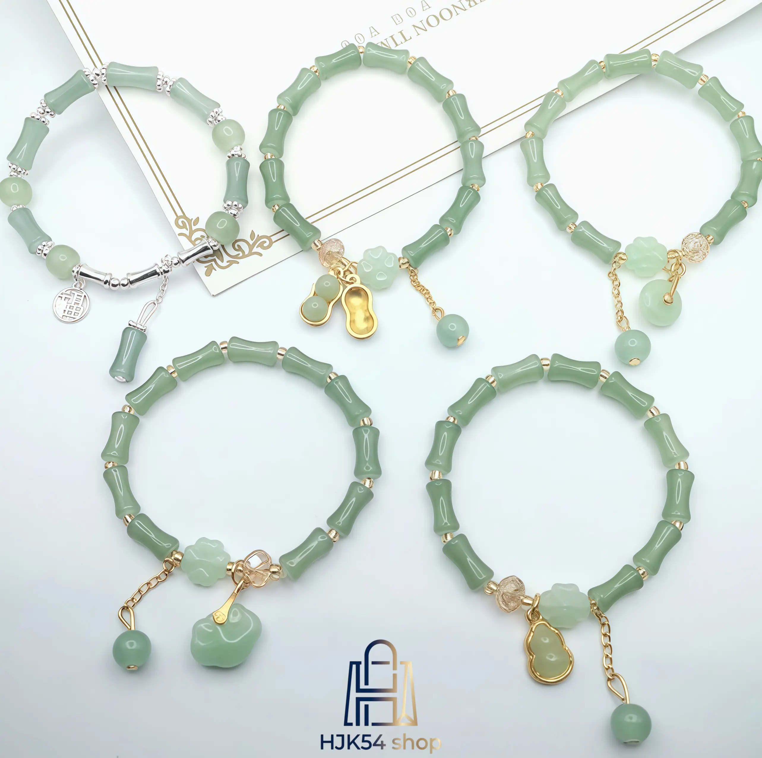 Women's Bean Green Jade Bracelets & Bangles 5-Piece Stretch Set - Boho Natural Gemstone Bamboo Beaded with Feng Shui Lucky Charms for Adults, Ideal for Bracelet Stacking, Exquisite Bracelet, High Quality Bracelet