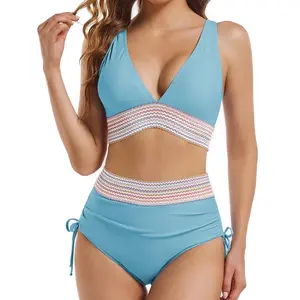Two-Piece Swimsuit Top and Bottoms with Drawstring, High-Waisted Tankini