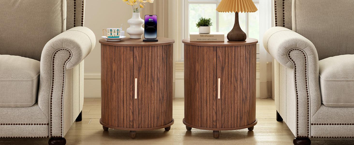 Giratree Fluted Round End Table with Charging Station, Farmhouse Small Sofa Side Table with Sliding Tambour Door & Storage, Mid-Century Wood Fulted Nightstands for Living Room, Bedroom Giratree Fluted Round End Table with Charging Station, Farmhouse Small Sofa Side Table with Sliding Tambour Door & Storage, Mid-Century Wood Fulted Nightstands for Living Room, Bedroom