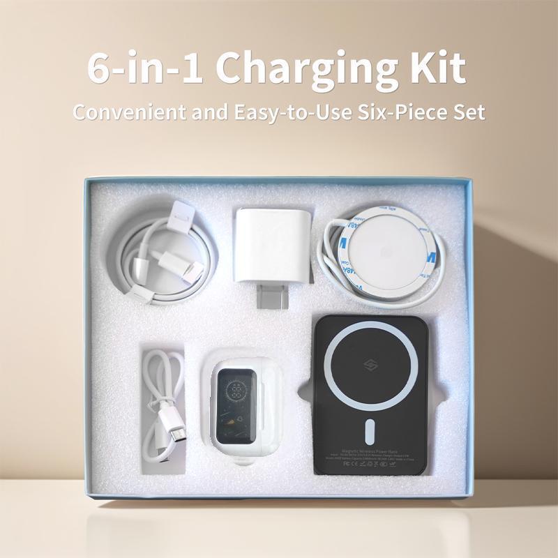 6-in-1 Portable Charging & Audio Kit – 10,000mAh Magnetic Power Bank, Wireless Charger, Type-C Cable & Bluetooth Headphones