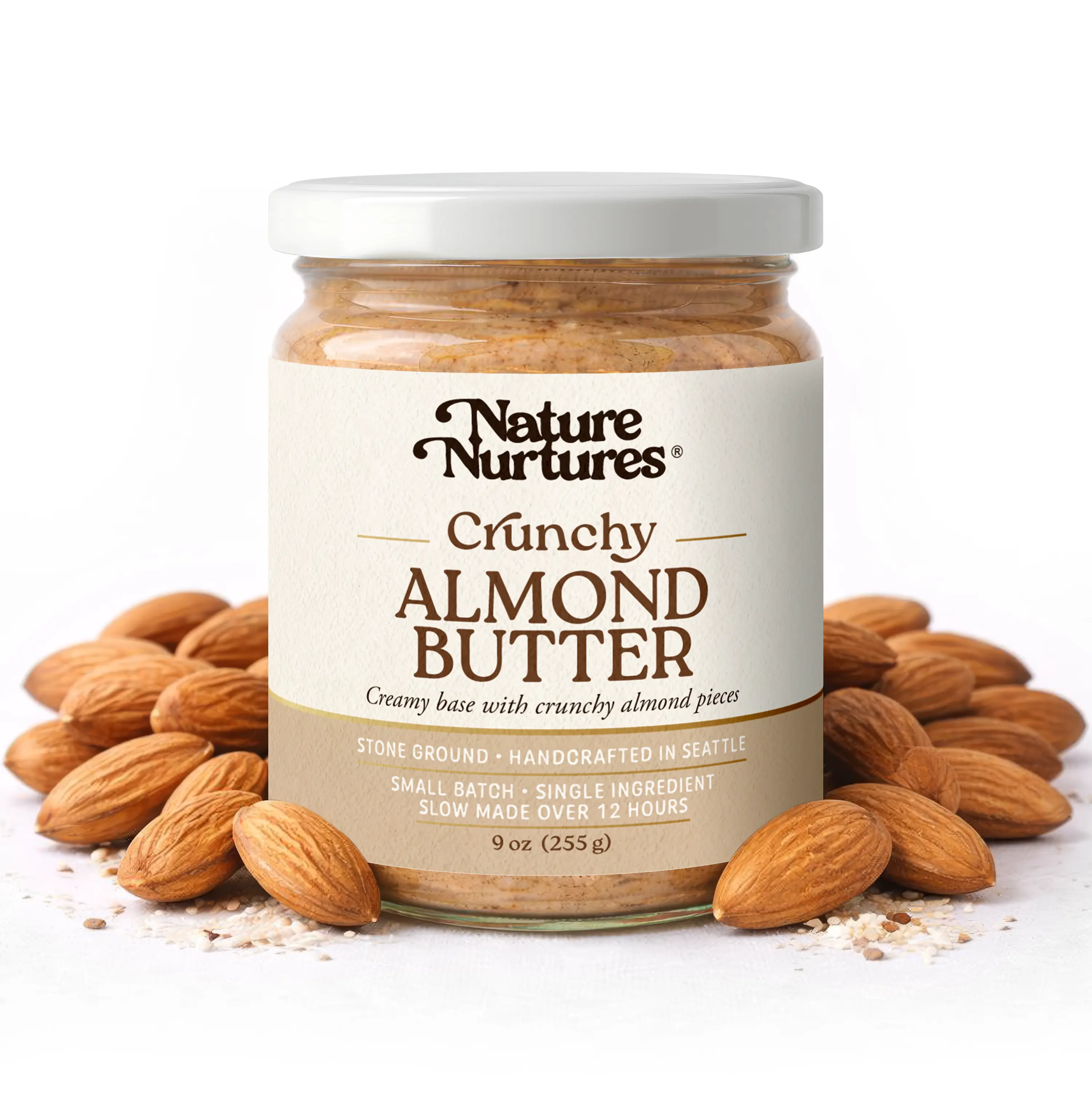 Creamy Almond Butter · 100% Almonds · Single Ingredient · No Fillers · Raw · Stone Ground for 12 Hours · Small Batch · Handcrafted in USA · High Protein · 100% Pure & Natural · No Added Sugar · No Palm Oil · Packed in Glass Jar · 9 oz (255 g)