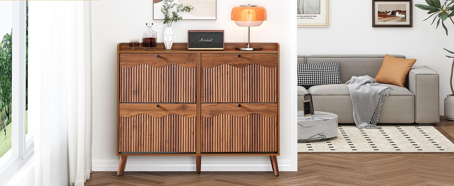 Giratree Wooden Fluted Shoe Cabinet with 2/3/4 Flip Drawers, Stylish Narrow Shoe Storage Organizer with Wave Design, Freestanding Entryway Shoe Rack for Hallway, Living Room Giratree Wooden Fluted Shoe Cabinet with 2/3/4 Flip Drawers, Stylish Narrow Shoe Storage Organizer with Wave Design, Freestanding Entryway Shoe Rack for Hallway, Living Room
